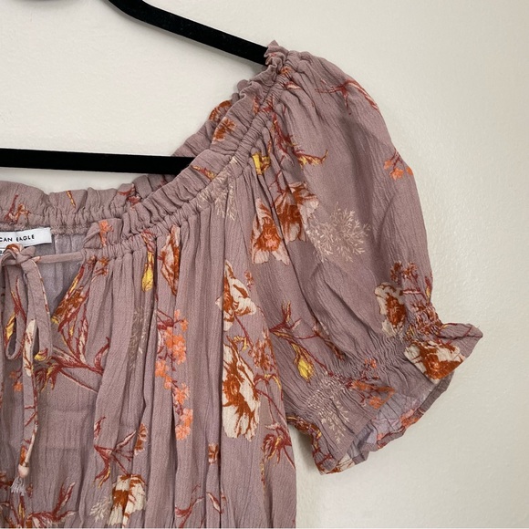 American Eagle | Purple Floral Smocked Cropped Shoulder Blouse | Size Small - Picture 5 of 11